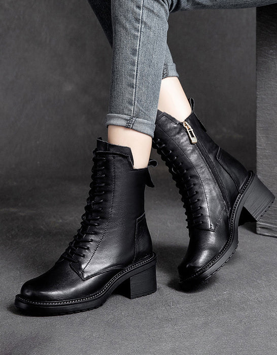 Autumn Winter Retro Leather Chunky Heels Combat Boots — Obiono