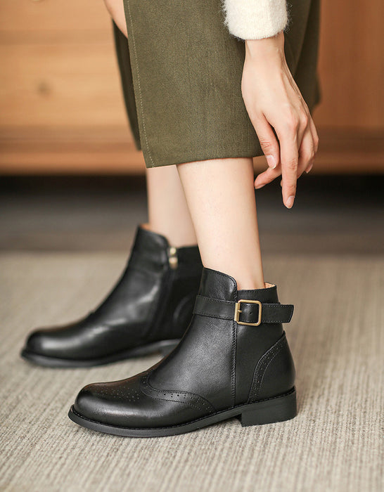 British Brogue Style Leather Ankle Boots