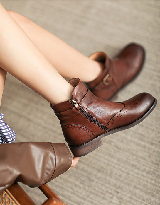 British Brogue Style Leather Ankle Boots