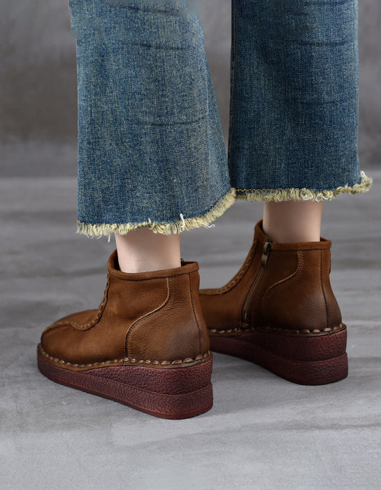 Round Top Wedge Heel Handmade Retro Boots