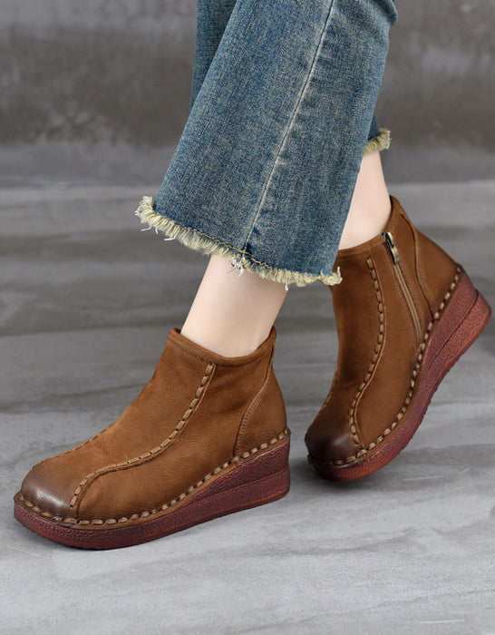 Round Top Wedge Heel Handmade Retro Boots