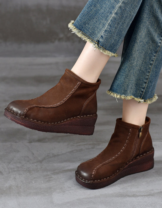 Round Top Wedge Heel Handmade Retro Boots