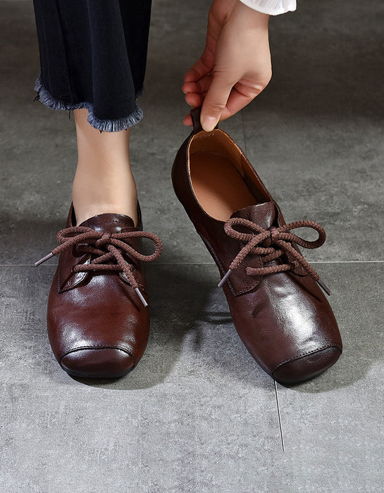 Comfortable Leather Square Toe Lace-up Retro Flat Shoes