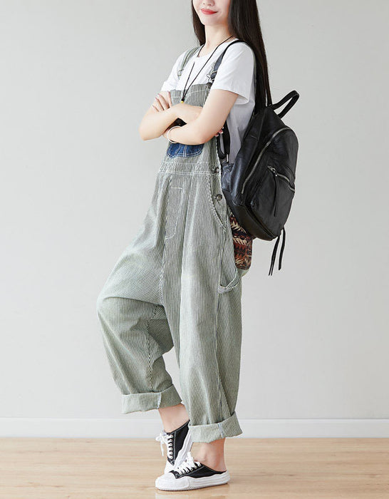 Denim  Pocket  Overalls Patch Striped Jumpsuit