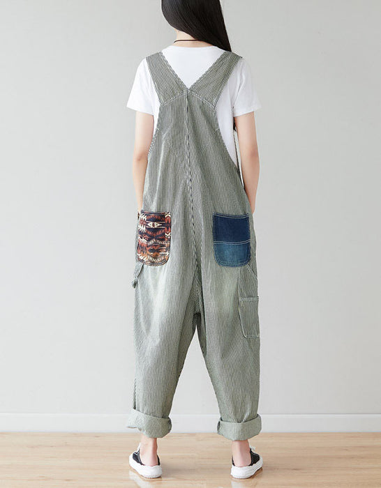 Denim  Pocket  Overalls Patch Striped Jumpsuit