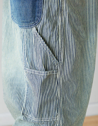 Denim  Pocket  Overalls Patch Striped Jumpsuit