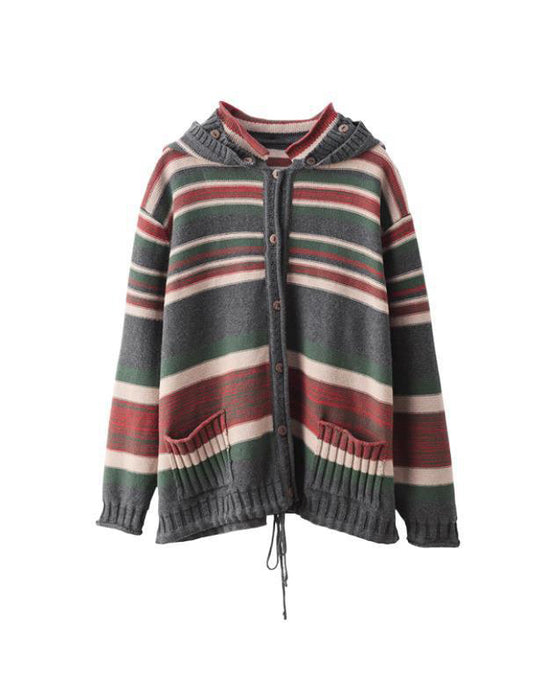 Detachable Hood Yarn-dyed Striped Sweater Jacket