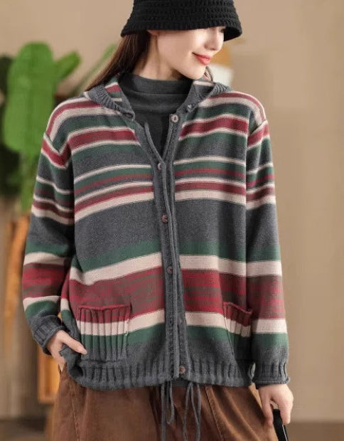 Detachable Hood Yarn-dyed Striped Sweater Jacket