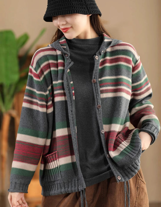 Detachable Hood Yarn-dyed Striped Sweater Jacket