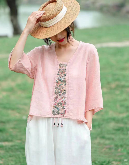 Embroidered Retro Pullover Summer Ramie Shirt