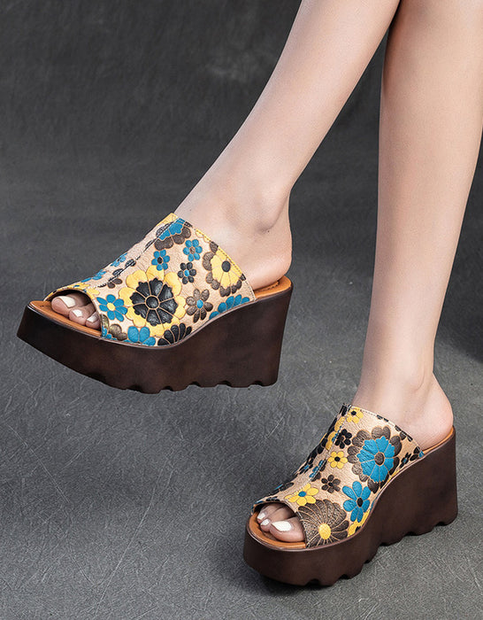 Fish Toe Ethnic Style Flower Printed Wedge Slippers
