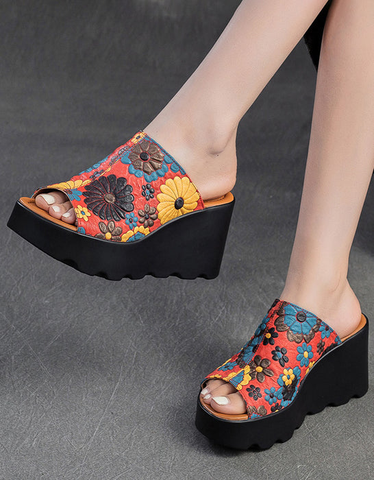 Fish Toe Ethnic Style Flower Printed Wedge Slippers