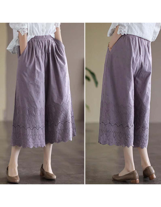 Flower Embroidered Hollow Casual Wide-leg Pants