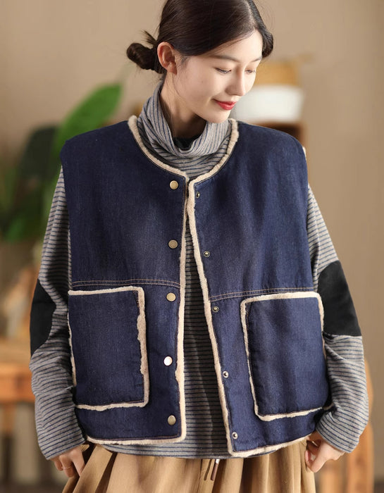 Fur Lining Round Neck Reversible Denim Vest for Winter