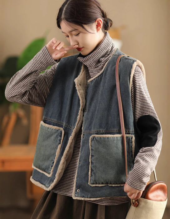 Fur Lining Round Neck Reversible Denim Vest for Winter