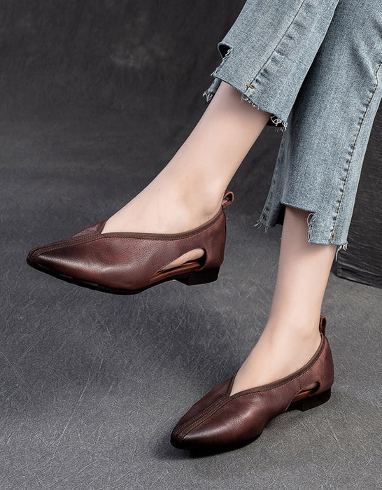 Genuine Leather Cut Out Pointed Toe Retro Flat Pumps