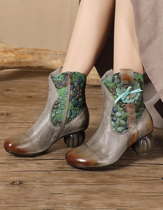 Genuine Leather Hand-brushed Ethnic Style Chunky Heel Boots