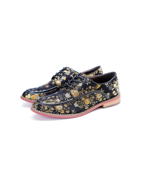 Hand-brushed  Leather Printed Vintage Floral Oxford Shoes