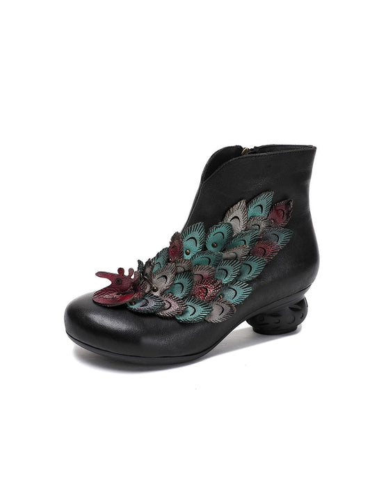 Hand-rubbed Leather Peacock Vintage Chunky Heel Boots