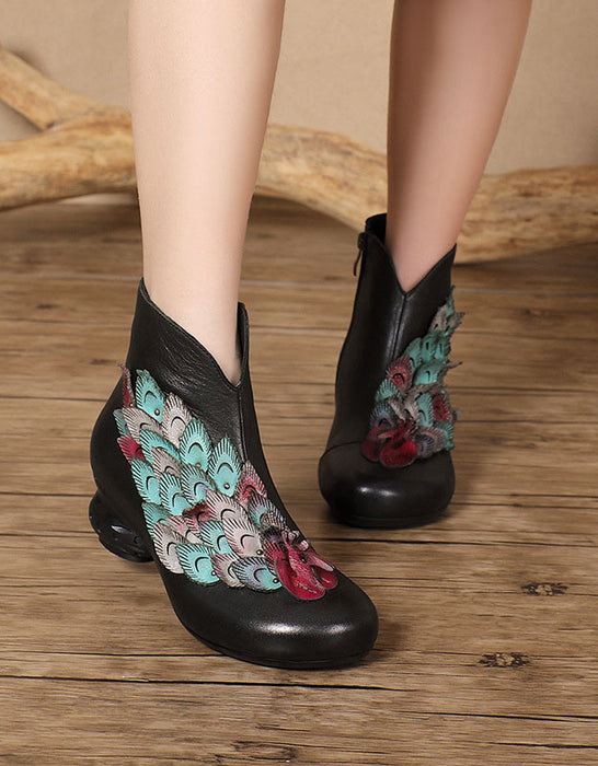 Hand-rubbed Leather Peacock Vintage Chunky Heel Boots