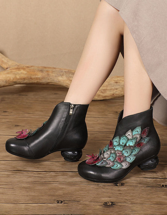 Hand-rubbed Leather Peacock Vintage Chunky Heel Boots