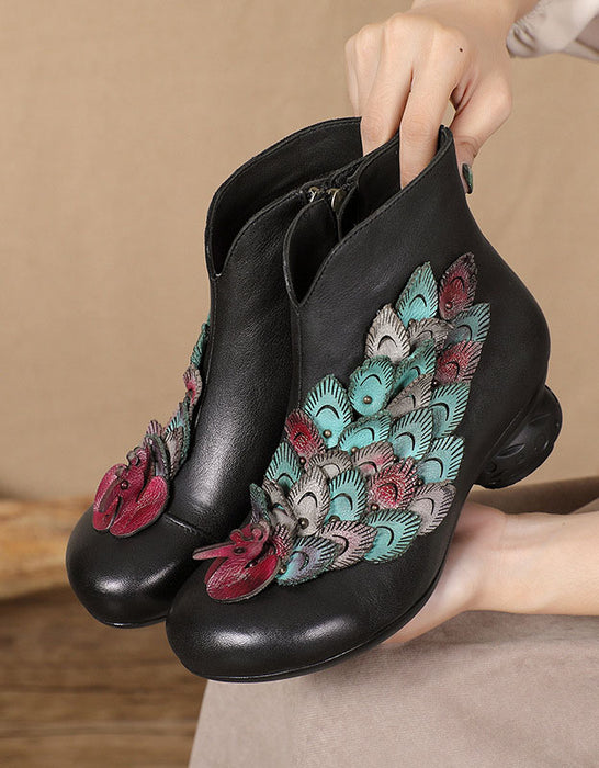 Hand-rubbed Leather Peacock Vintage Chunky Heel Boots