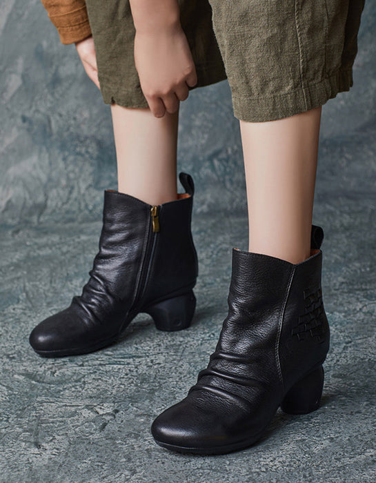 Handmade Braided Pleated Vintage Elegant Chunky Heels Boots