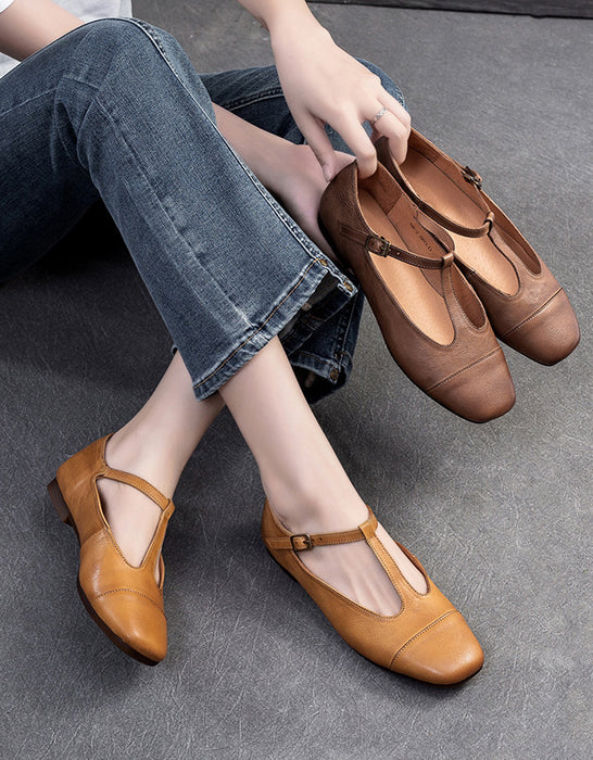 Handmade Pointed Toe T-strap Retro Flat Shoes