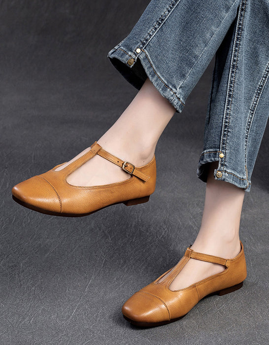 Handmade Pointed Toe T-strap Retro Flat Shoes