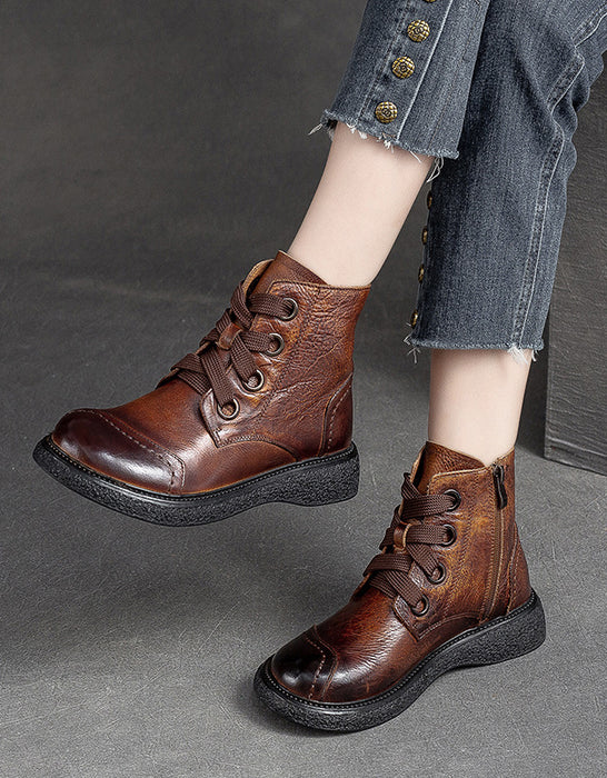 Handmade Round Head Lace Up Autumn Winter Boots