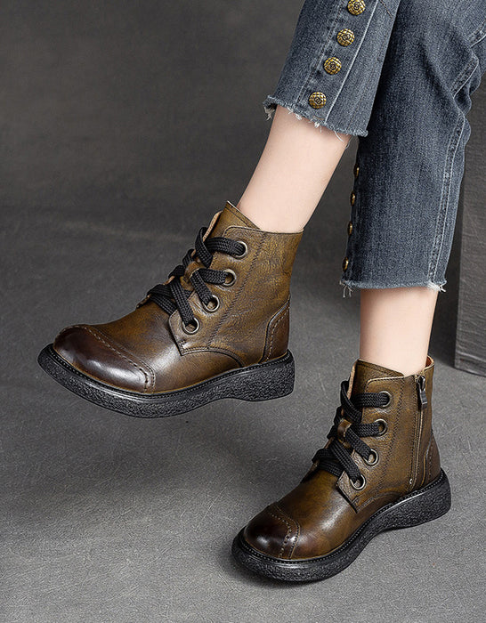 Handmade Round Head Lace Up Autumn Winter Boots