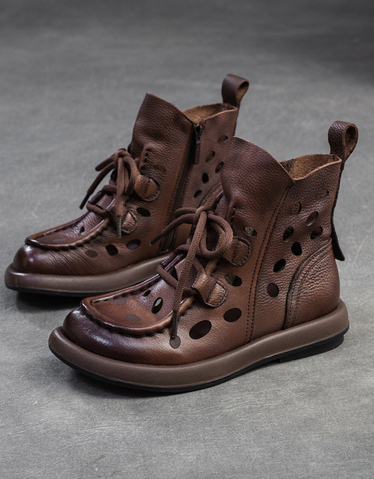 Round Toe Hollow Leather Handmade Retro Ankle Boots