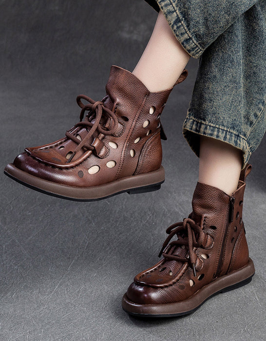 Round Toe Hollow Leather Handmade Retro Ankle Boots