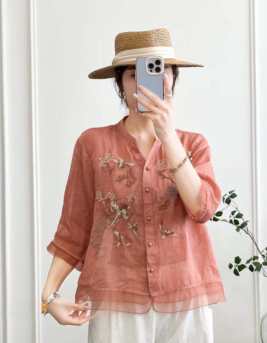Linen Embroidery Mid-sleeve Shirt