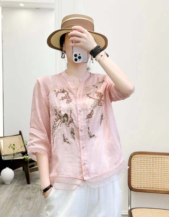 Linen Embroidery Mid-sleeve Shirt