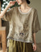 Linen Rounded Neck Embroidery Mid-sleeve Shirt