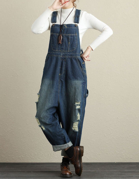 Oversize Distressed Casual Loose Denim Wide Leg Jumpsuit