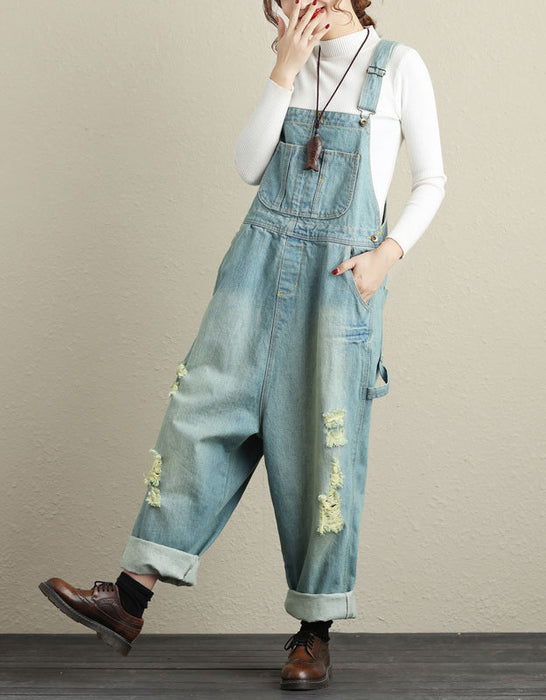 Oversize Distressed Casual Loose Denim Wide Leg Jumpsuit