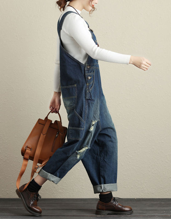 Oversize Distressed Casual Loose Denim Wide Leg Jumpsuit