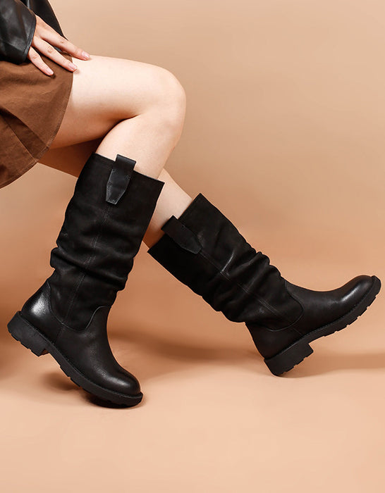 Real Leather Handmade Pleated Winter Mid-calf Boots