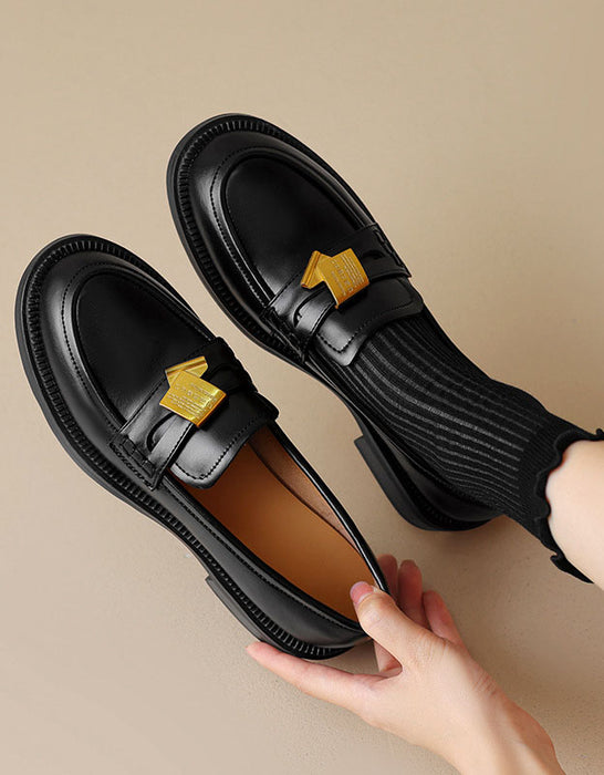 Real Leather Iron Embellished Classic Loafers for Women