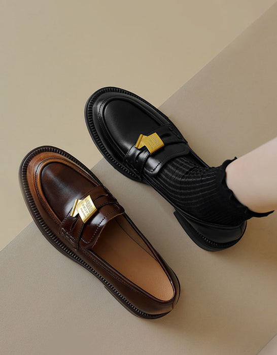 Real Leather Iron Embellished Classic Loafers for Women