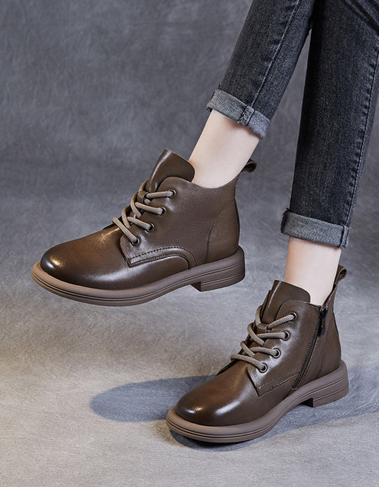 Real Leather Lace-up Retro Flat Anke Boots