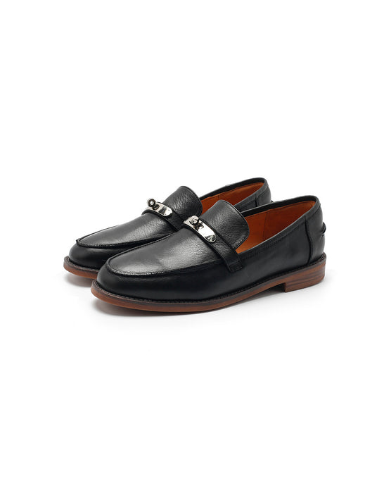 Real Leather Pointed Toe Metal Buckle Front Loafers