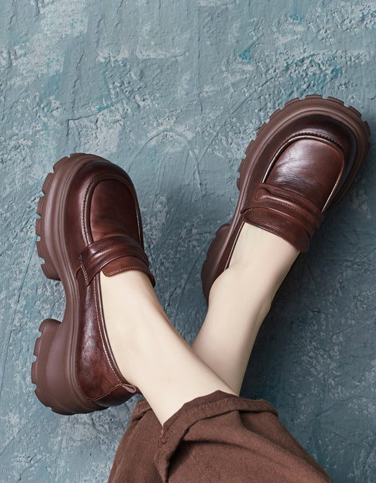 Retro Leather Wide Toe BoxPlatform Chunky Loafers