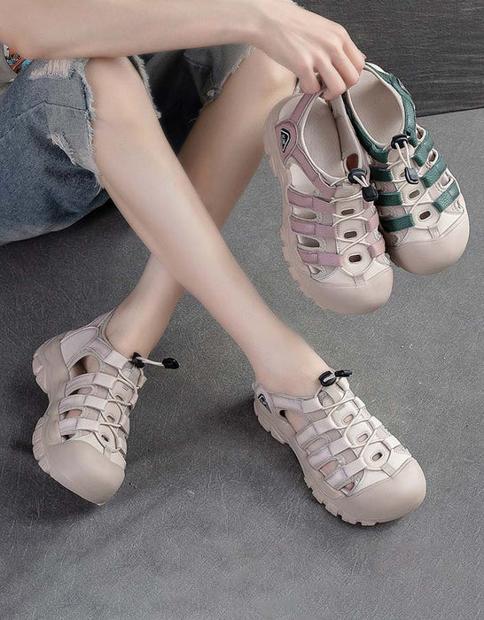 Round Toe Cut Out Leather Sneakers Sandals