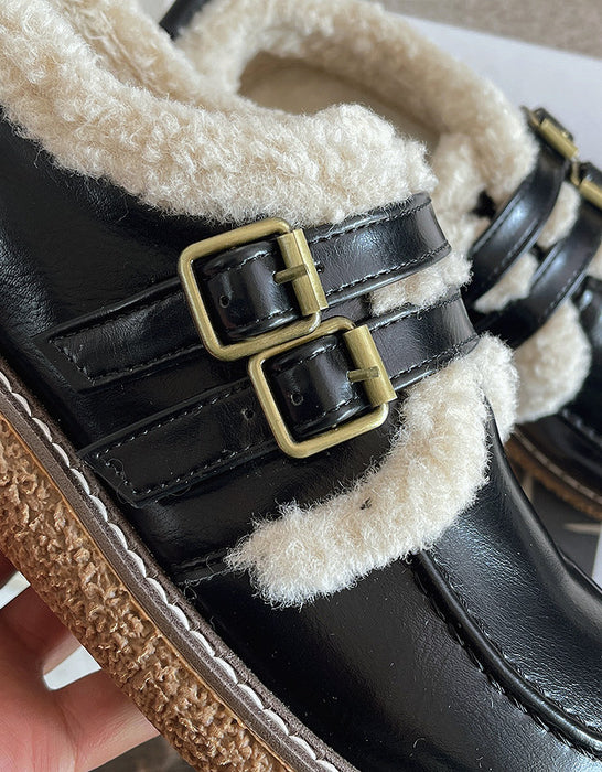 Round Toe Double Buckle Mary Janes with Fur