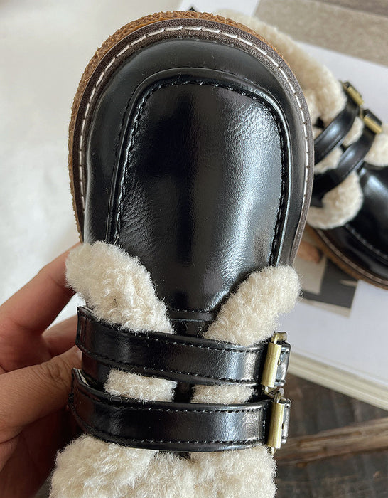 Round Toe Double Buckle Mary Janes with Fur