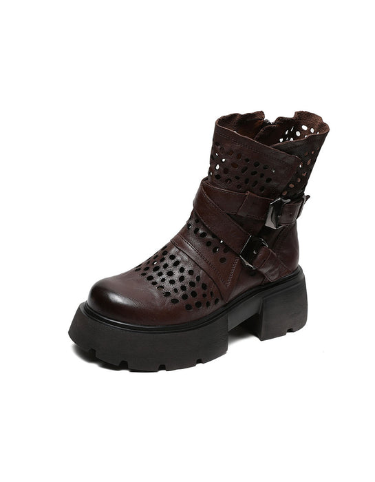Round Toe Leather Buckles Beathable Hollow Platform Boots