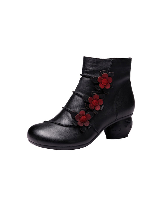 Ethic Style Side Flower Retro Elegant Chunky Heels Boots